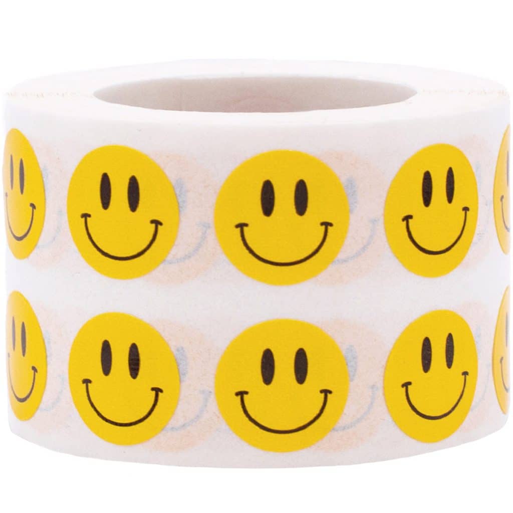 Rouleau de 500 stickers smileys en papier jaune - 2,5 cm de diamètre - Emoji  - Heureux