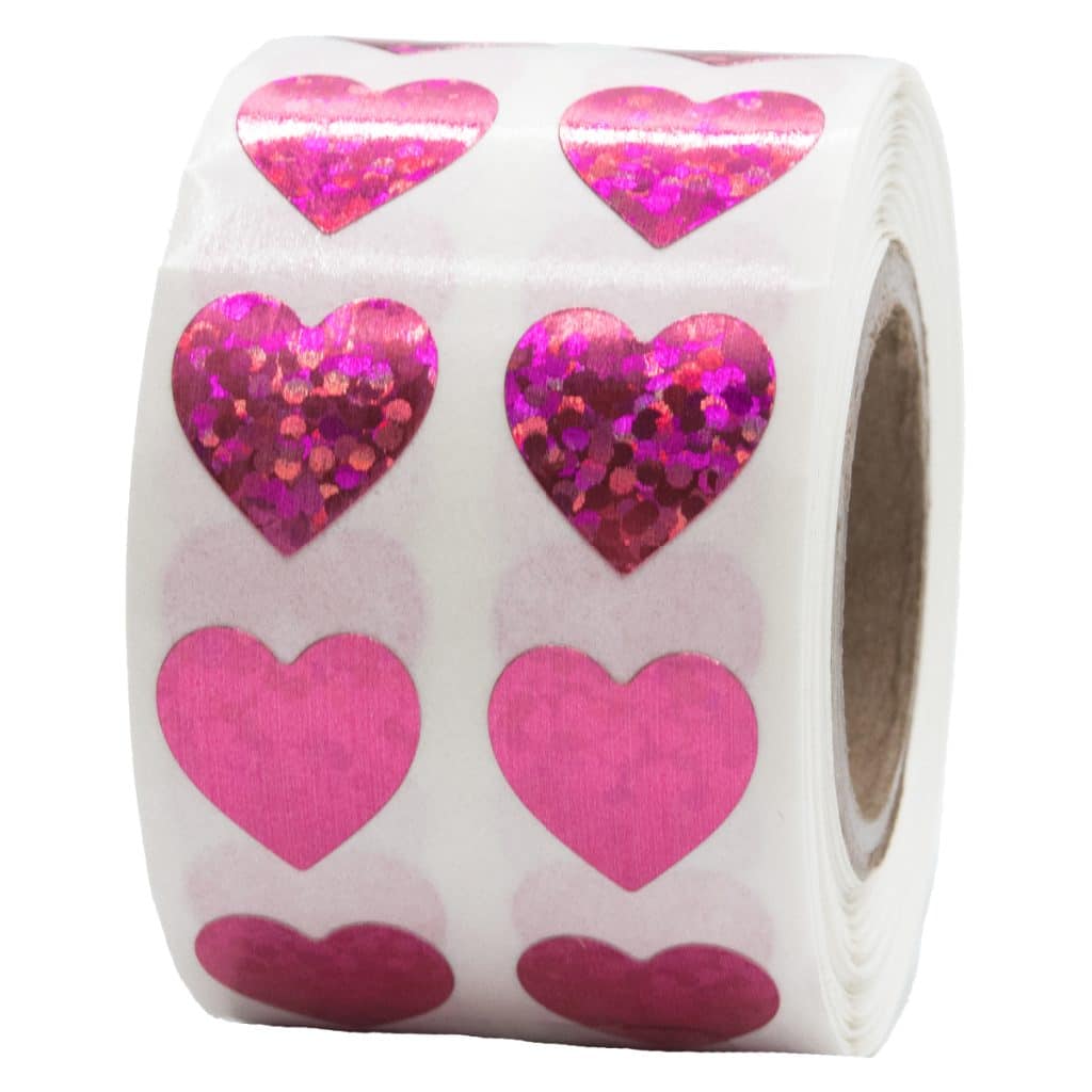Mercei 1.5 Pink Heart Stickers with Glitter Holographic Gravel Pattern, 500 Pcs Sparkling Adhesive Heart Sticker Labels per Roll, Love Stickers for