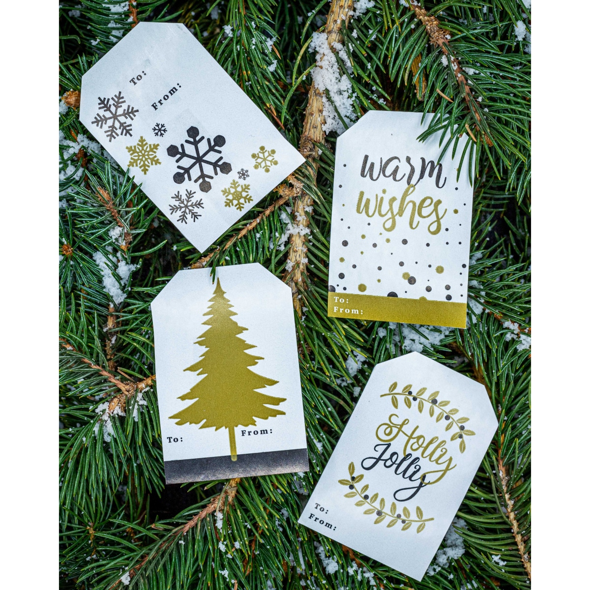 Holly Jolly Warm Wishes Gold and White Holiday Gift Tags