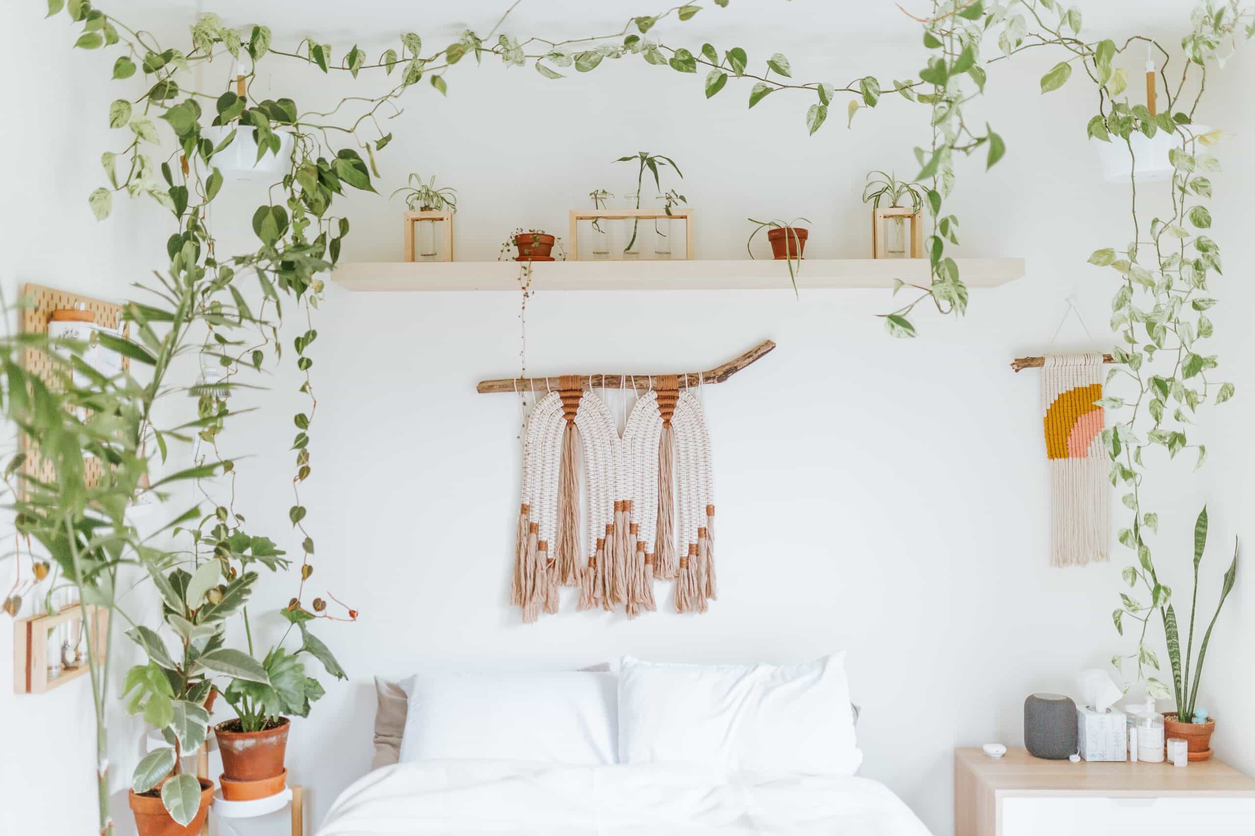 Neutral colors and lots of plants for a boho styled room